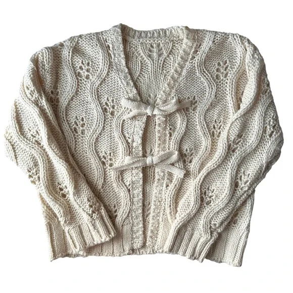 FREAK'S STORE Cream Cable Knit Open Front Tie Front Cardigan Sweater - Picture 4 of 9